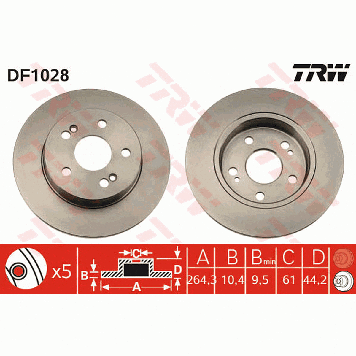 TRW Brake Rotor Pair 264.3mm Rear DF1028S