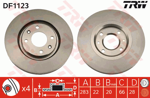 TRW Brake Rotor Pair 283mm Front DF1123S