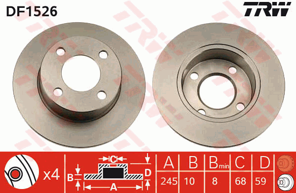 TRW Brake Rotor Pair 245mm Rear DF1526S