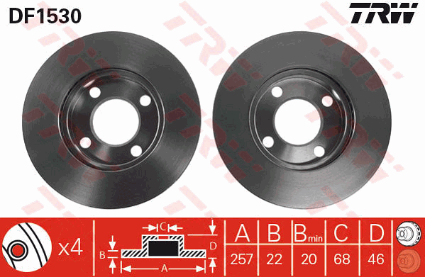 TRW Brake Rotor Pair 256mm Front DF1530S