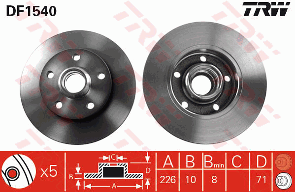 TRW Brake Rotor Pair 226mm Rear DF1540S