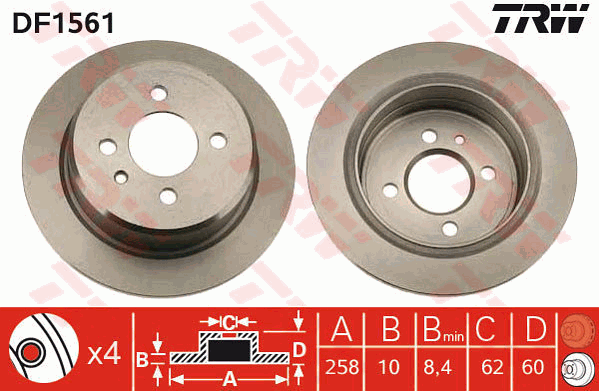 TRW Brake Rotor Pair 258mm Rear DF1561S