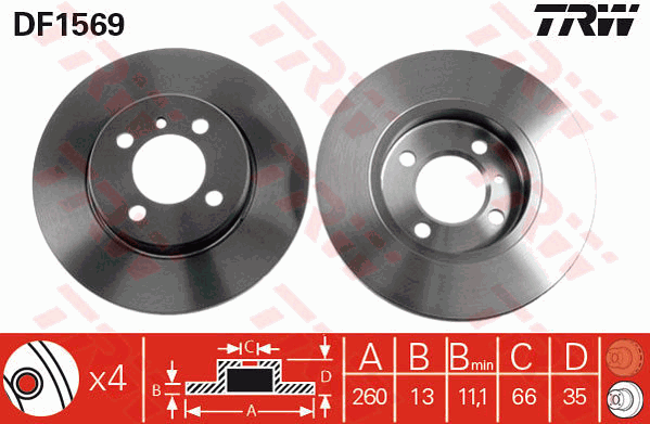 TRW Brake Rotor Pair 260mm Front DF1569S