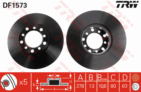 TRW Brake Rotor Pair 278mm Front DF1573S