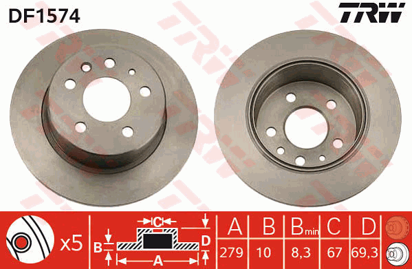 TRW Brake Rotor Pair 279mm Rear DF1574S
