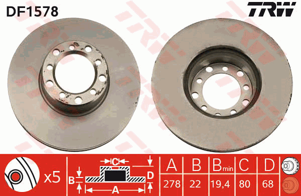 TRW Brake Rotor Pair 278mm Rear DF1578S