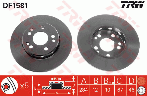 TRW Brake Rotor Pair 284mm Front DF1581S