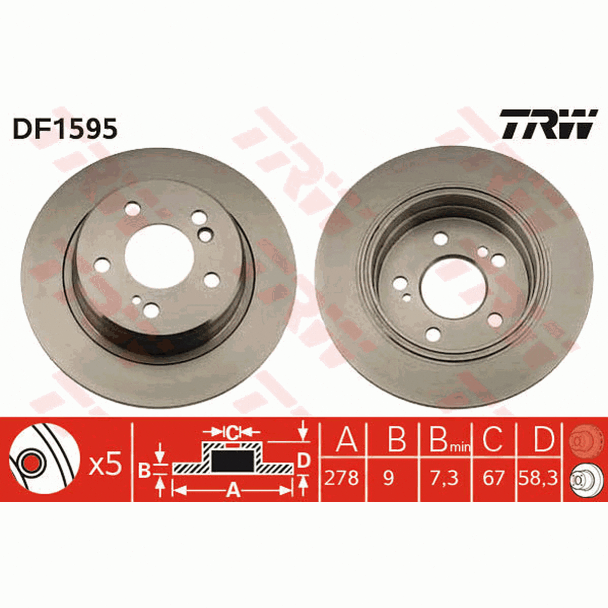 TRW Brake Rotor Pair 278mm Rear DF1595S