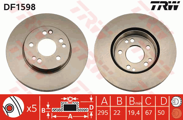 TRW Brake Rotor Pair 295mm Front DF1598S