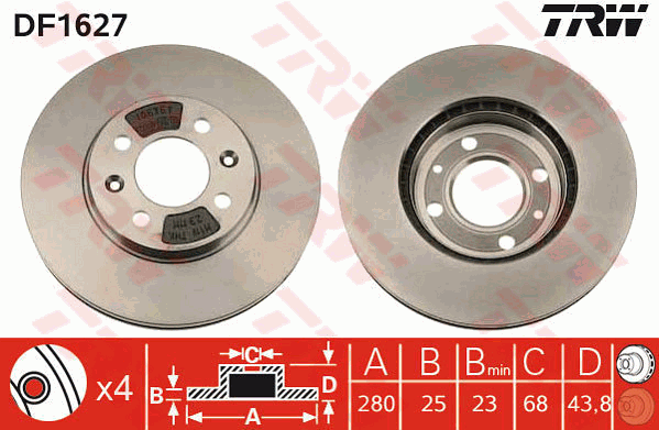 TRW Brake Rotor Pair 280mm Front DF1627S