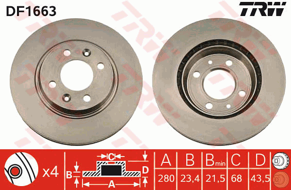 TRW Brake Rotor Pair 280mm Front DF1663S