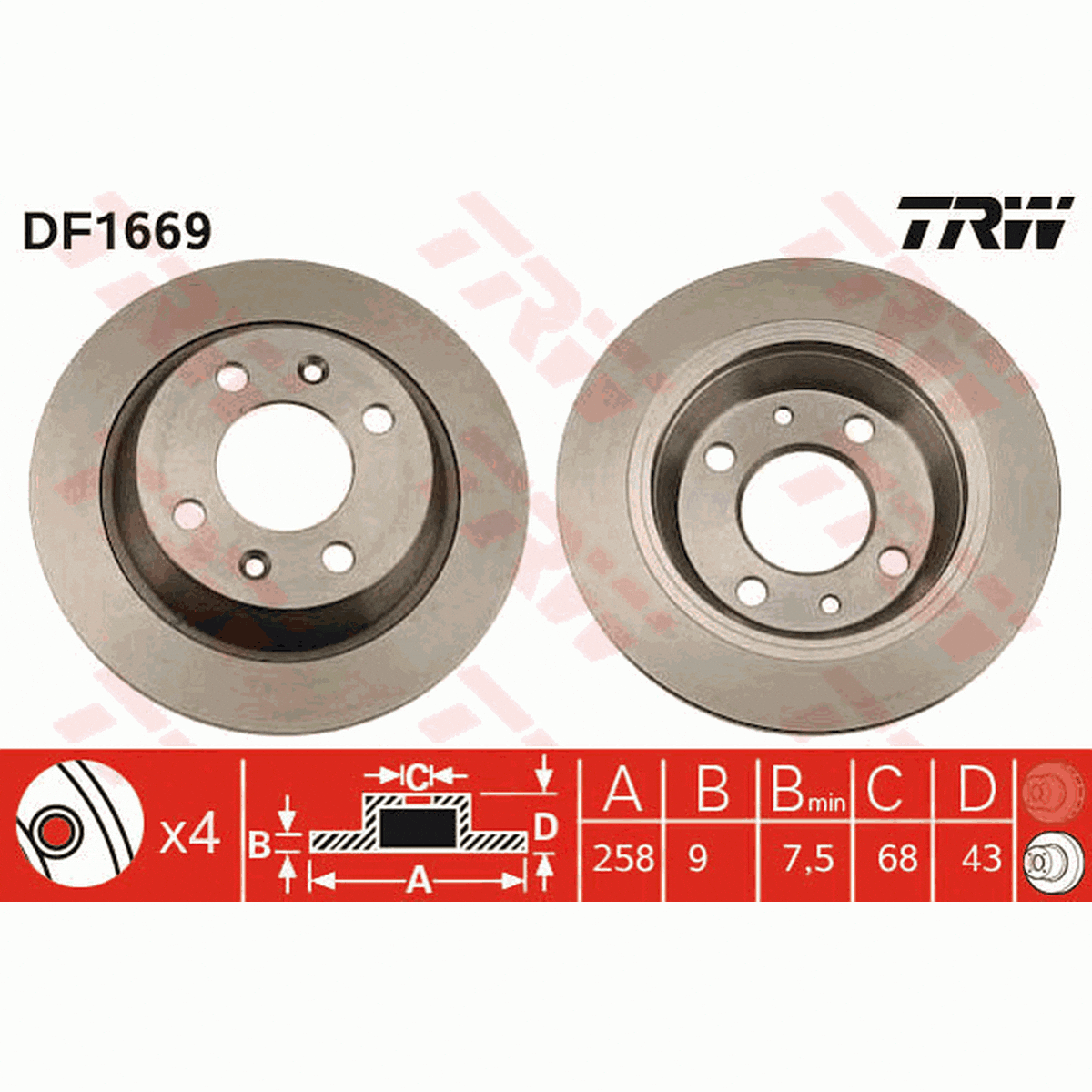 TRW Brake Rotor Pair 258mm Rear DF1669S