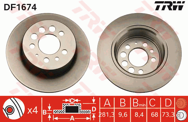 TRW Brake Rotor Pair 281mm Rear DF1674S