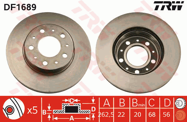 TRW Brake Rotor Pair 263mm Front DF1689S