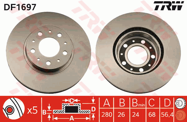 TRW Brake Rotor Pair 280mm Front DF1697S