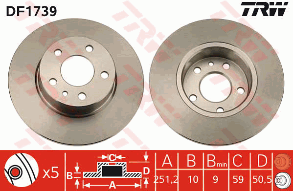 TRW Brake Rotor Pair 251.5mm Rear DF1739S