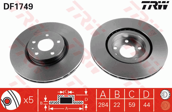 TRW Brake Rotor Pair 284mm Front DF1749S