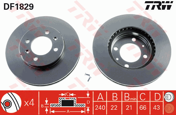TRW Brake Rotor Pair 240.5mm Front DF1829S