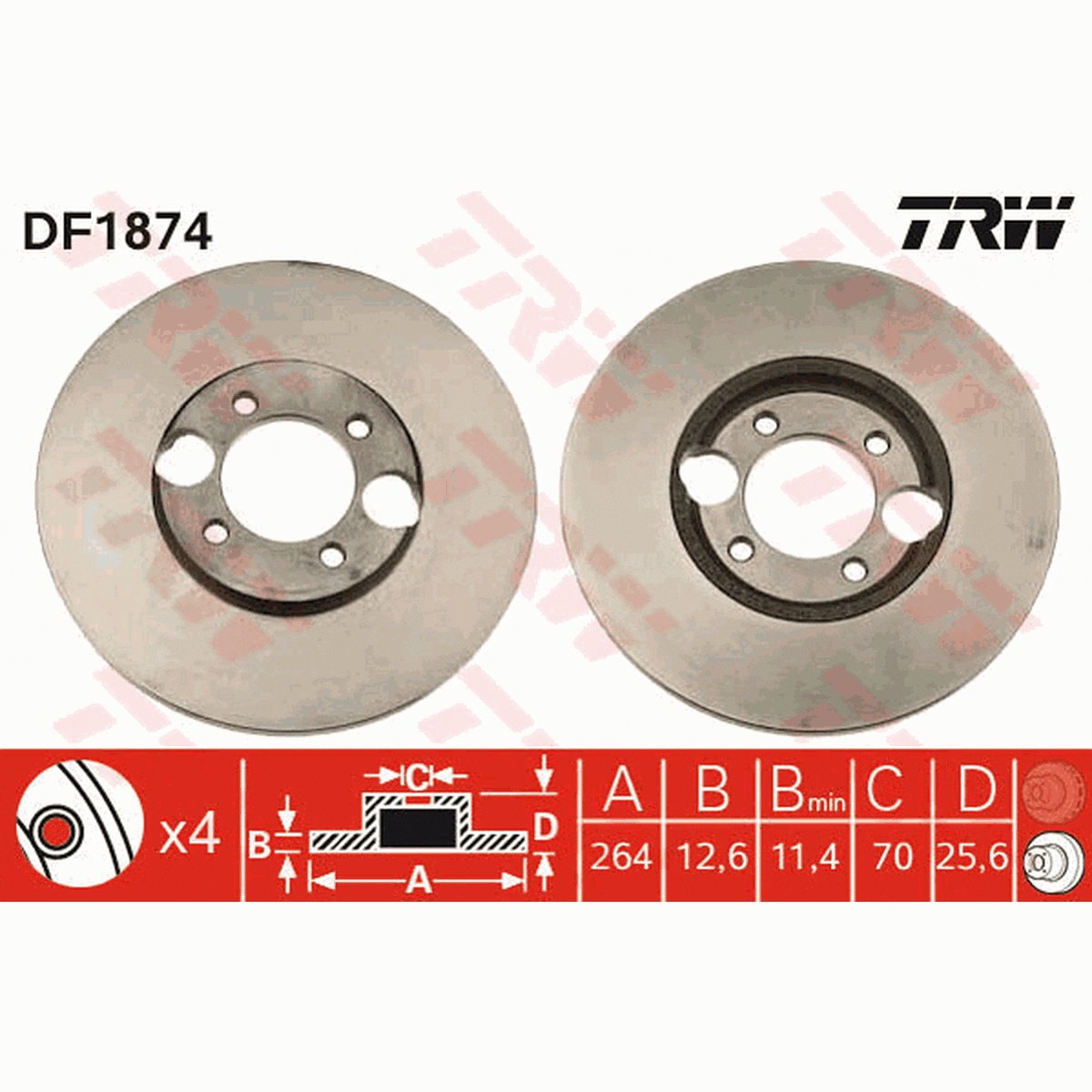 TRW Brake Rotor Pair 264mm Rear DF1874S