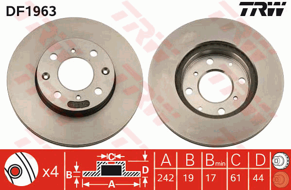 TRW Brake Rotor Pair 242mm Front DF1963S