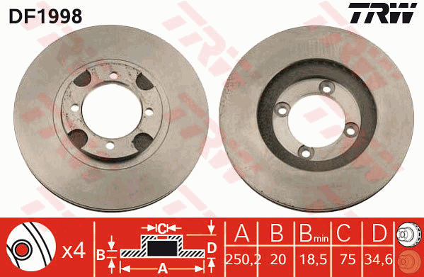 TRW Brake Rotor Pair 250.2mm Front DF1998S