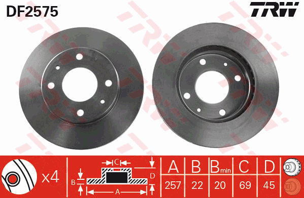 TRW Brake Rotor Pair 257mm Front DF2575S