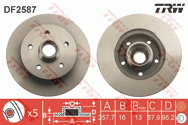 TRW Brake Rotor Pair 258mm Front DF2587S