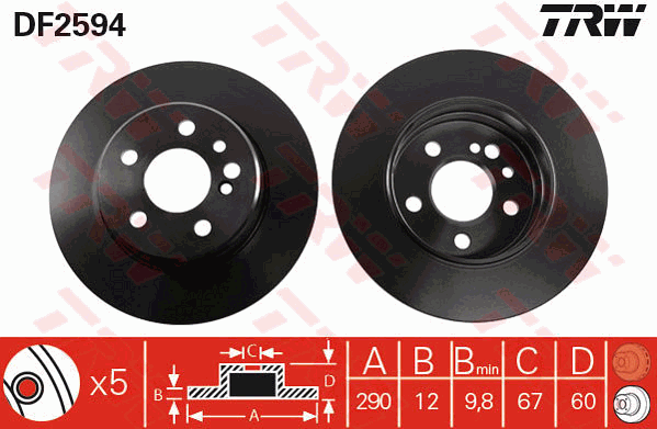 TRW Brake Rotor Pair 290mm Rear DF2594S