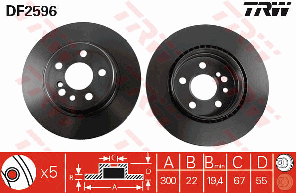 TRW Brake Rotor Pair 300mm Rear DF2596S