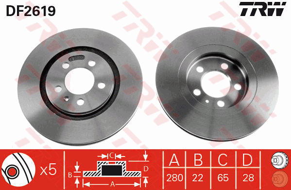 TRW Brake Rotor Pair 280mm Front DF2619S