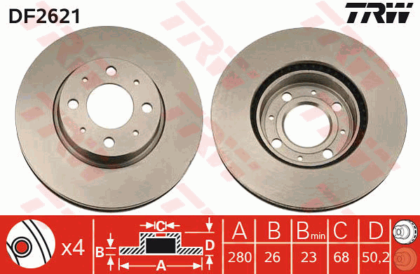 TRW Brake Rotor Pair 280mm Front DF2621S