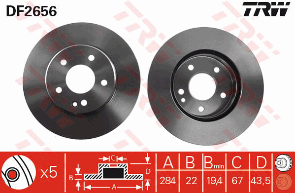 TRW Brake Rotor Pair 284mm Front DF2656S