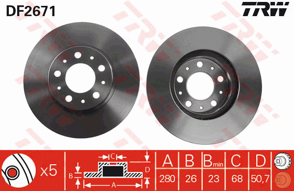 TRW Brake Rotor Pair 280mm Rear DF2671S