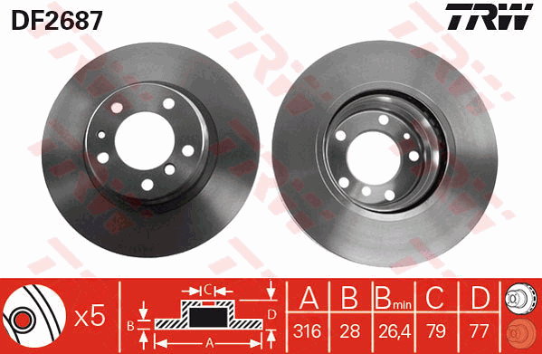 TRW Brake Rotor Pair 316mm Front DF2687S