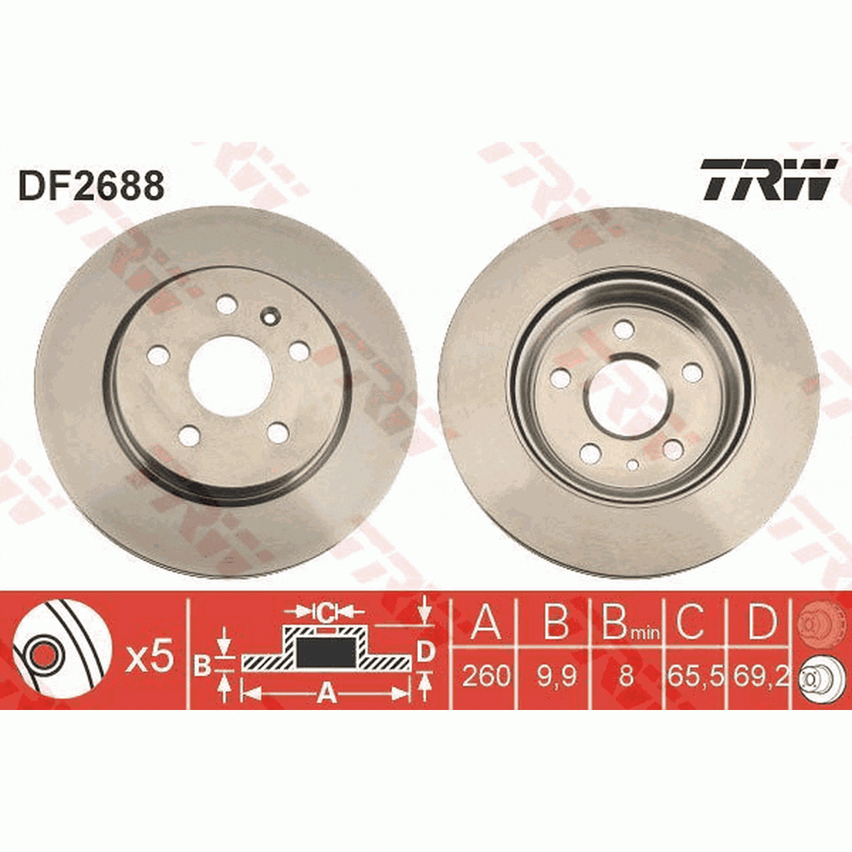 TRW Brake Rotor Pair 260mm Rear DF2688S