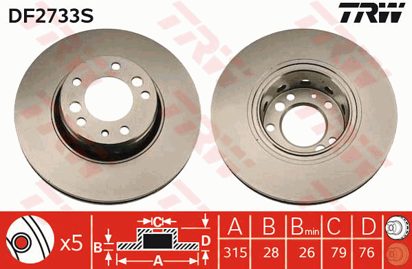 TRW Brake Rotor Pair 315mm Front DF2733S