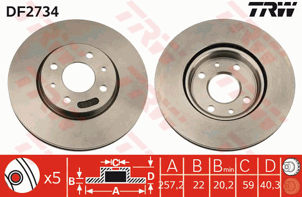 TRW Brake Rotor Pair 257mm Front DF2734S