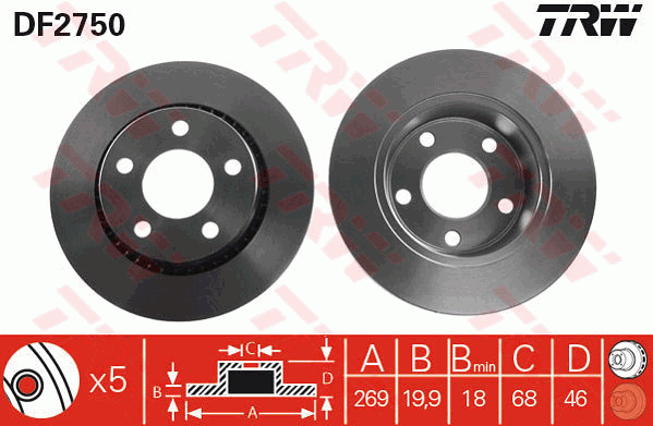 TRW Brake Rotor Pair 269mm Rear DF2750S
