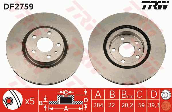 TRW Brake Rotor Pair 284mm Front DF2759S
