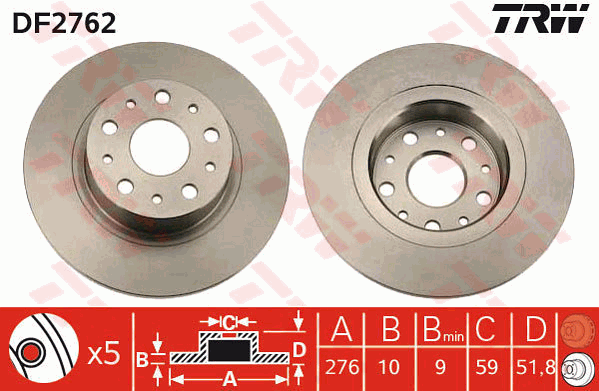 TRW Brake Rotor Pair 276mm Rear DF2762S