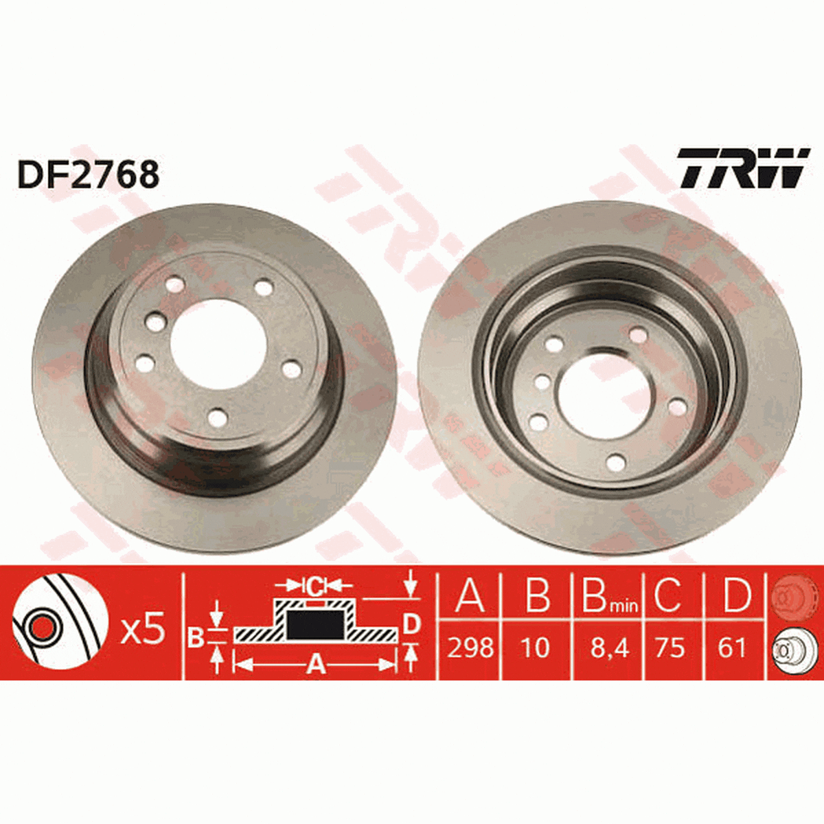 TRW Brake Rotor Pair 298mm Rear DF2768S
