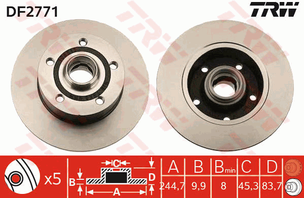 TRW Brake Rotor Pair 245mm Rear DF2771S