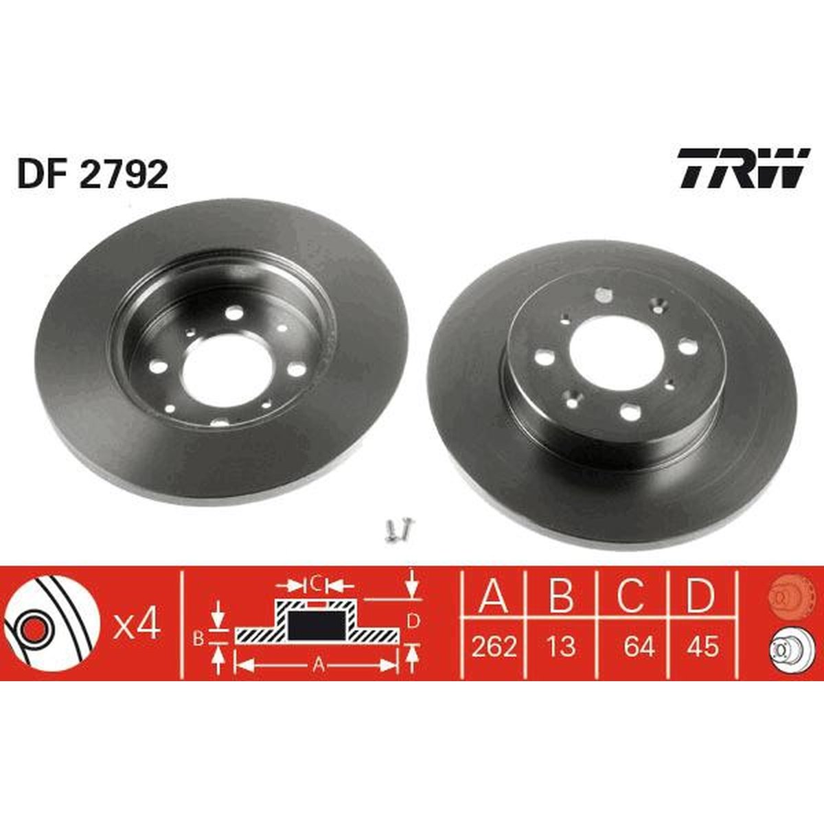 TRW Brake Rotor Pair 262mm Rear DF2792S