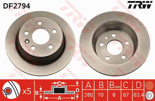 TRW Brake Rotor Pair 280mm Rear DF2794S