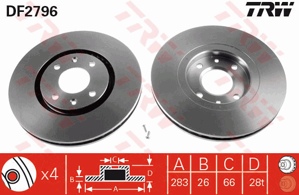 TRW Brake Rotor Pair 283mm Front DF2796S
