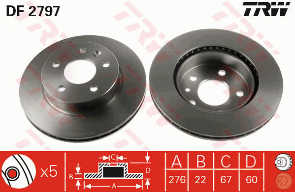 TRW Brake Rotor Pair 276mm Front DF2797S