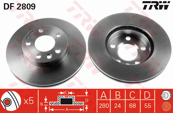 TRW Brake Rotor Pair 280mm Front DF2809S