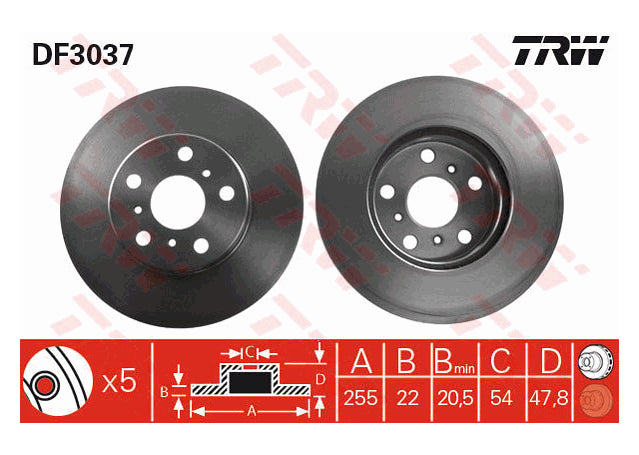 TRW Brake Rotor Pair 255mm Front DF3037S