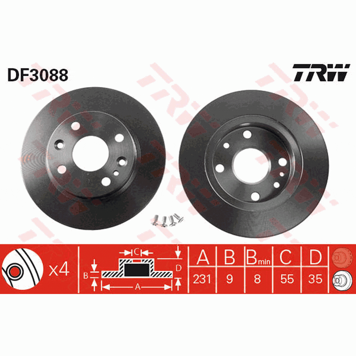 TRW Brake Rotor Pair 231mm Rear DF3088S