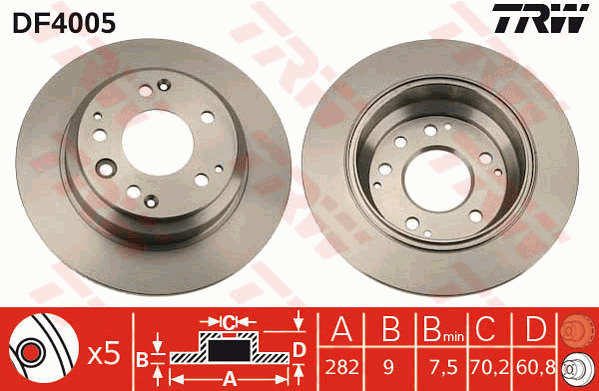 TRW Brake Rotor Pair 282mm Rear DF4005S